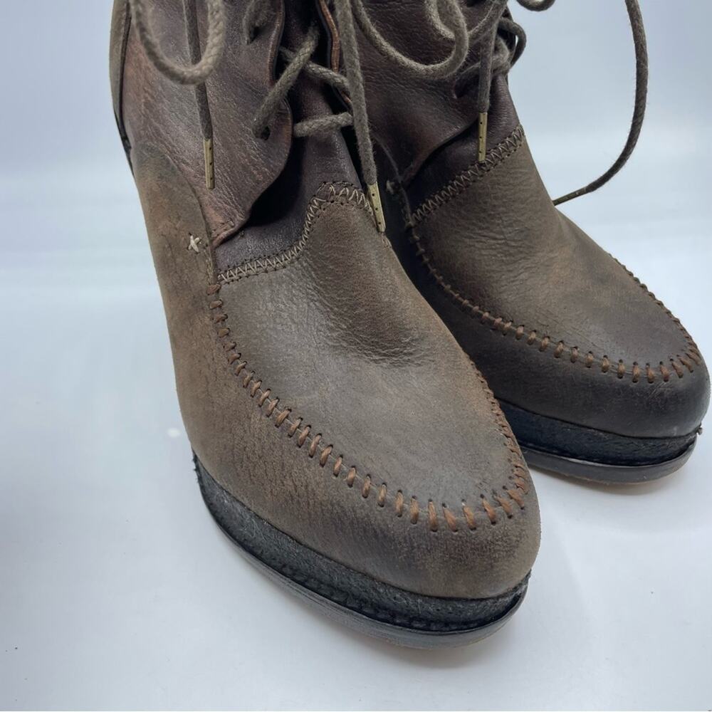 Rag & Bone Brown Leather Combat Wedge Ankle Boots Distressed Womens 9 Lace Up - Picture 4 of 14